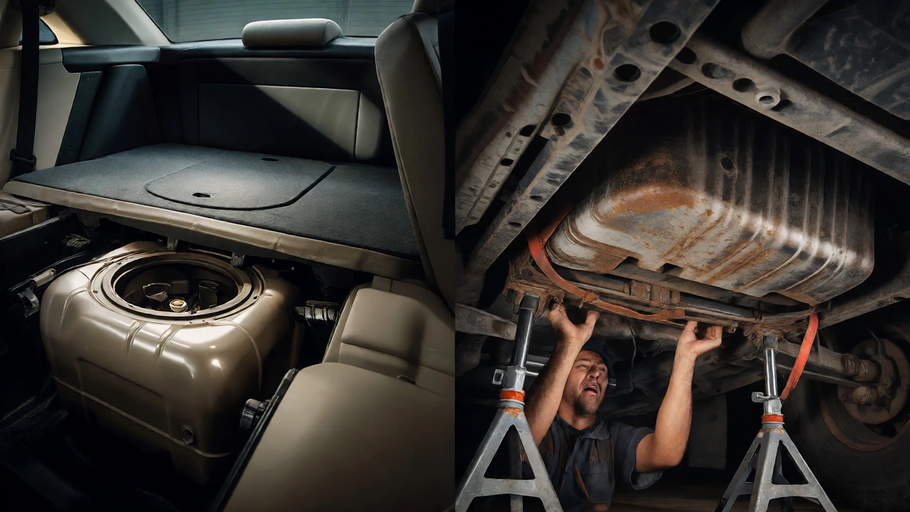 Split view comparing easy sedan seat access vs hard SUV tank drop